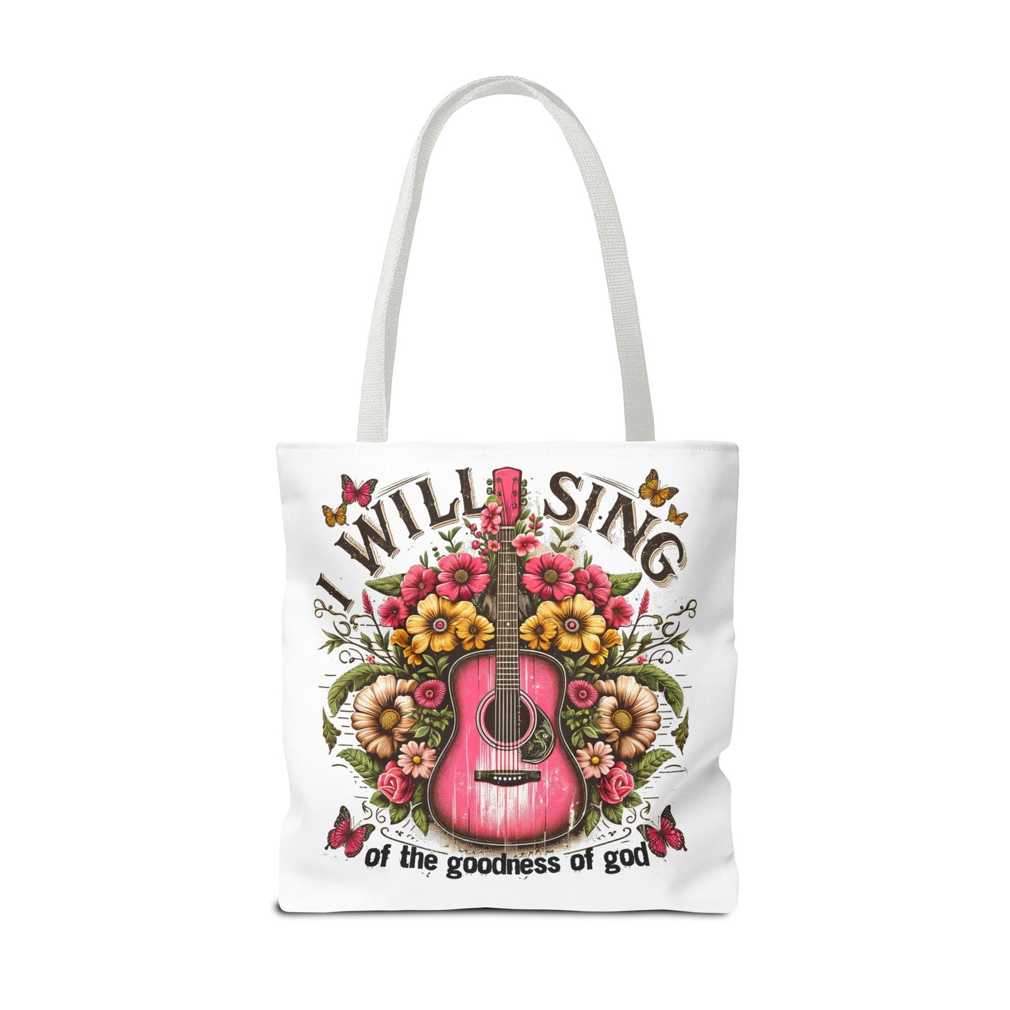 "I Will Sing of the Goodness of God" Floral Guitar Tote Bag Stylish Eco-Friendly Carryall for Music Lovers & Showing Your Faith