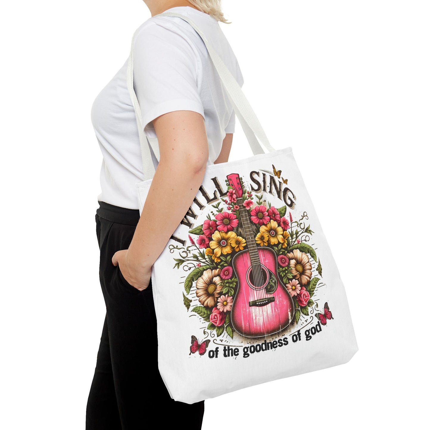 "I Will Sing of the Goodness of God" Floral Guitar Tote Bag Stylish Eco-Friendly Carryall for Music Lovers & Showing Your Faith