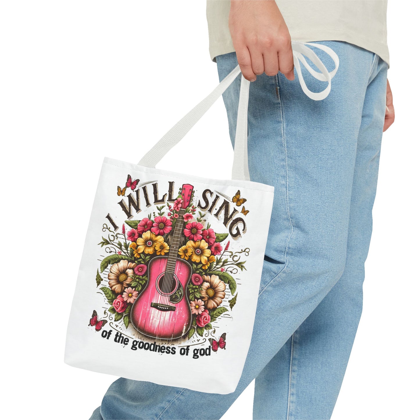 "I Will Sing of the Goodness of God" Floral Guitar Tote Bag Stylish Eco-Friendly Carryall for Music Lovers & Showing Your Faith