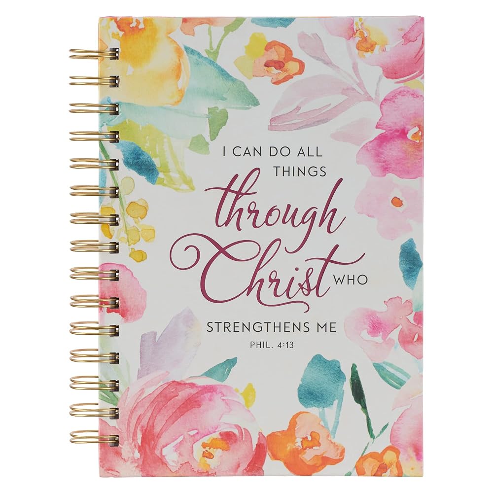 Christian Art Gifts Journal w/Scripture for Women All Things Through Christ Philippians 4:13 Bible Verse Bright Watercolor Floral 192 Ruled Pages, Large Hardcover Notebook, Wire Bound cover image