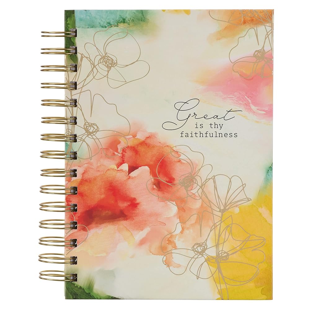 Christian Art Gifts Journal w/Scripture for Women Great is Thy Faithfulness Watercolor Red/Yellow 192 Ruled Pages, Large Hardcover Notebook, Wire Bound cover image