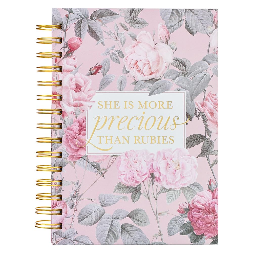 Christian Art Gifts Journal w/Scripture More Precious Than Rubies Proverbs 31:10 Bible Verse Pink Floral, 192 Ruled Pages, Large Hardcover Notebook, Wire Bound cover image