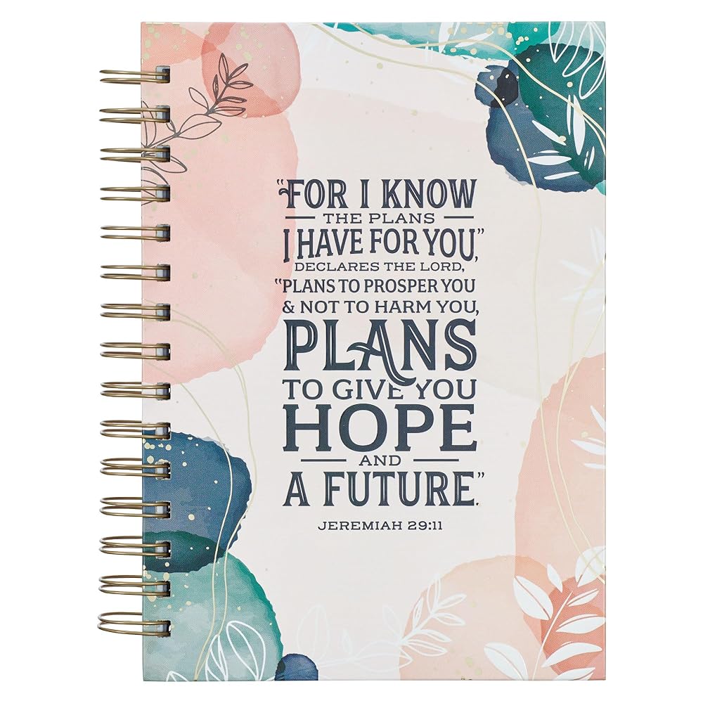 Christian Art Gifts Journal w/Scripture Plans Jeremiah 29:11 Bible Verse White Abstract Leaves 192 Ruled Pages, Large Hardcover Notebook, Wire Bound cover image