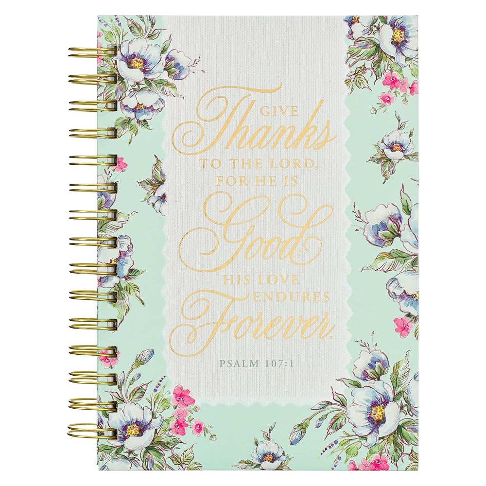 Christian Art Gifts Journal w/Scripture Floral Give Thanks Psalm 107:1 Bible Verse Cream Mint 192 Ruled Pages, Large Hardcover Notebook, Wire Bound cover image