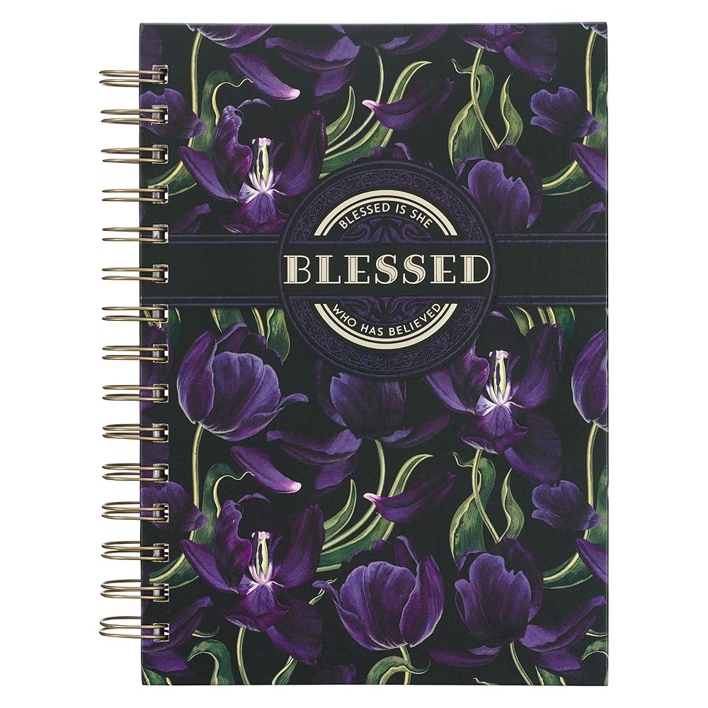 Christian Art Gifts Journal w/Scripture Floral Blessed Luke 1:45 Bible Verse Black Purple 192 Ruled Pages, Large Hardcover Notebook, Wire Bound cover image