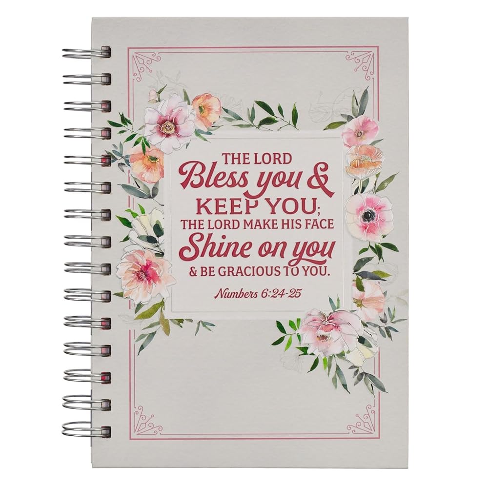 Christian Art Gifts Journal w/Scripture Bless You Num. 6:24-25 Bible Verse Floral Stripes 192 Ruled Pages, Large Hardcover Notebook, Wire Bound cover image