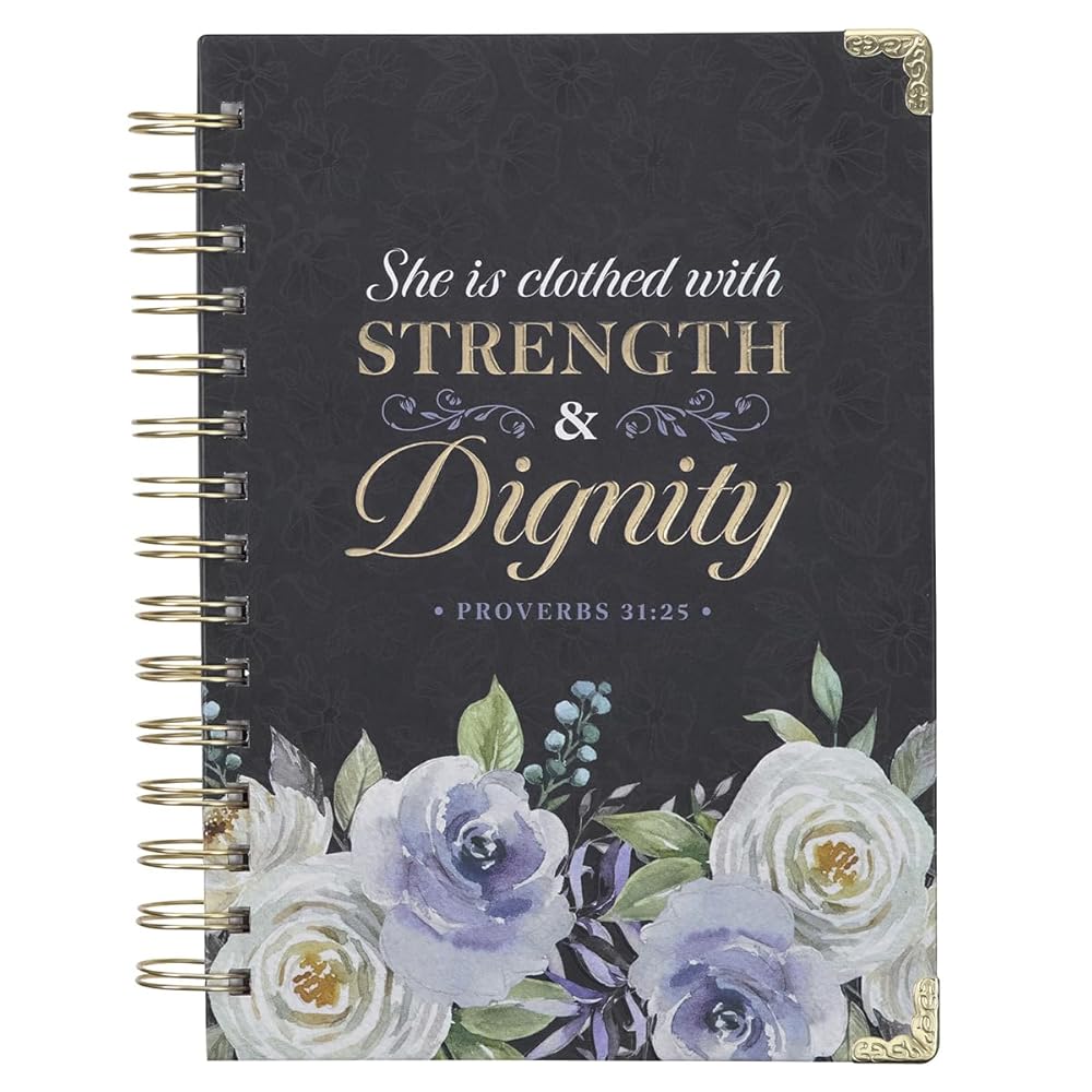 Christian Art Gifts Blue Journal w/Scripture Floral Strength & Dignity Large Bible Verse Notebook, 192 Ruled Pages, Proverbs 31:25 Bible Verse cover image