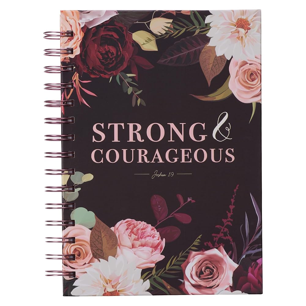Christian Art Gifts Journal w/Scripture Strong And Courageous Joshua 1:9 Bible Verse Rose Floral 192 Ruled Pages, Large Hardcover Notebook, Wire Bound cover image