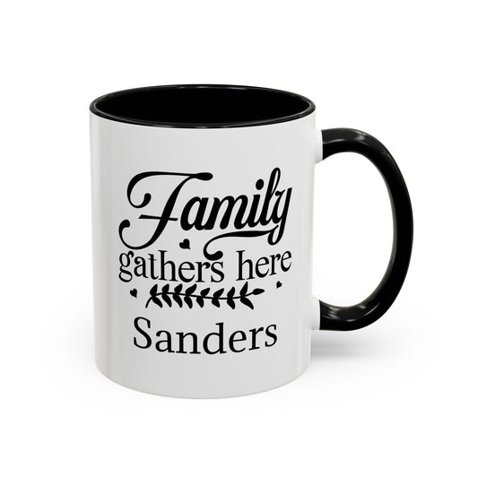 Personalized Rustic Charm: Family Gathers Here Coffee Mug - Perfect Addition to Your Kitchen Decor