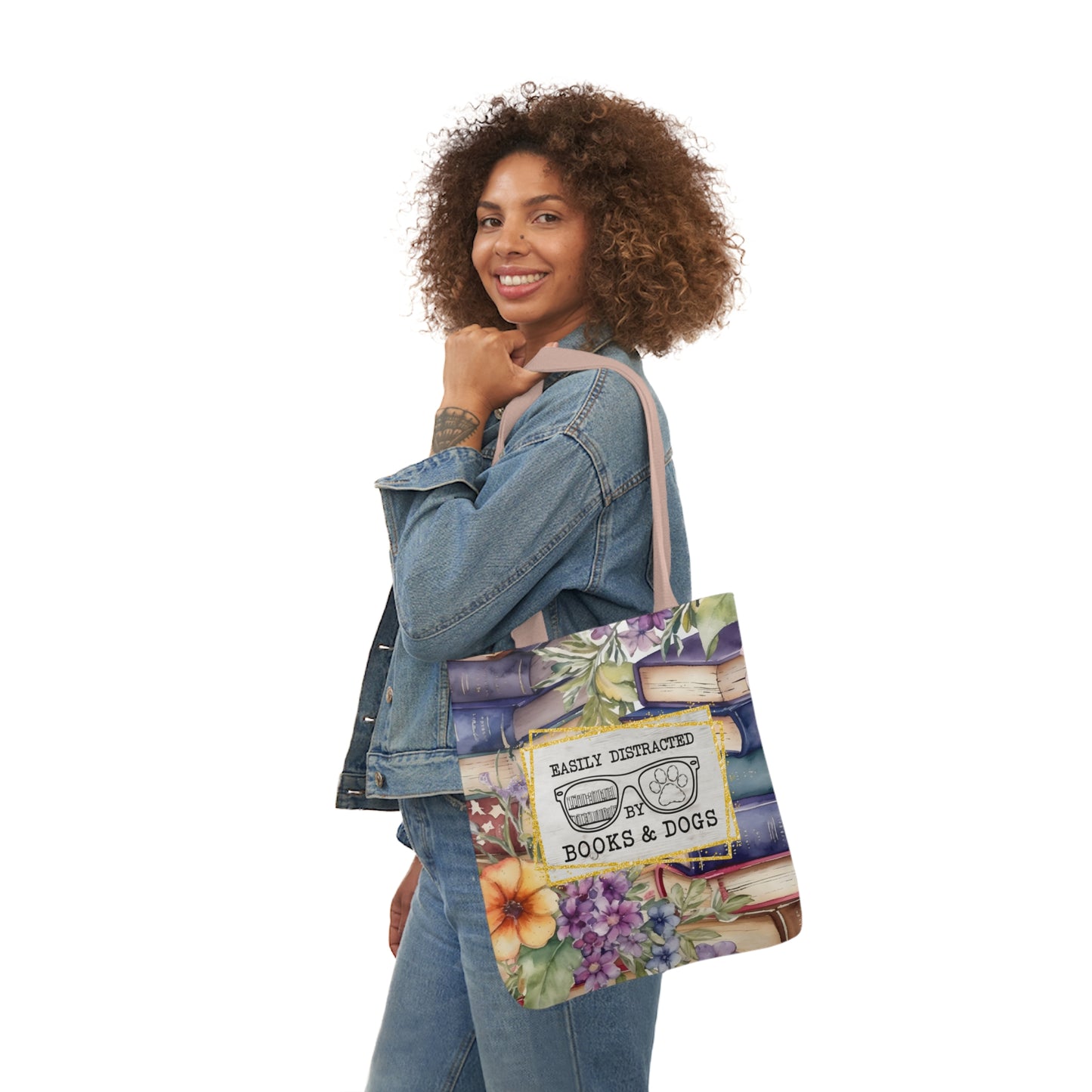 Easily Distracted By Books & Dogs Polyester Canvas Tote Bag