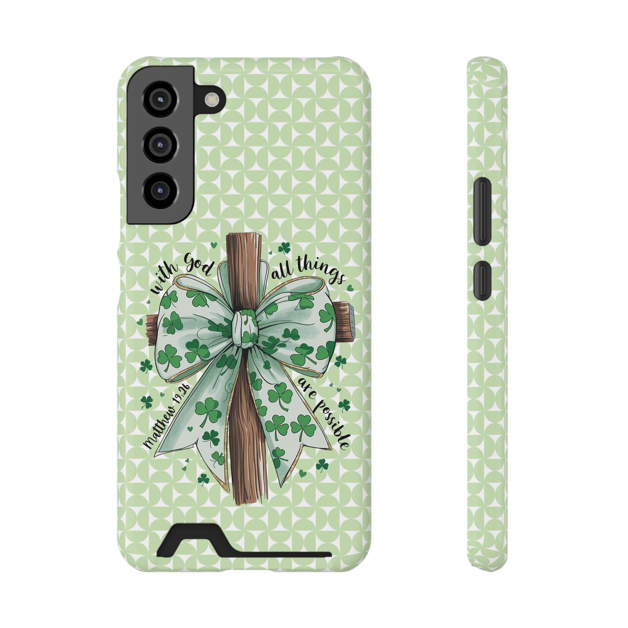 Inspirational Phone Case with Card Holder – "With God, All Things Are Possible"