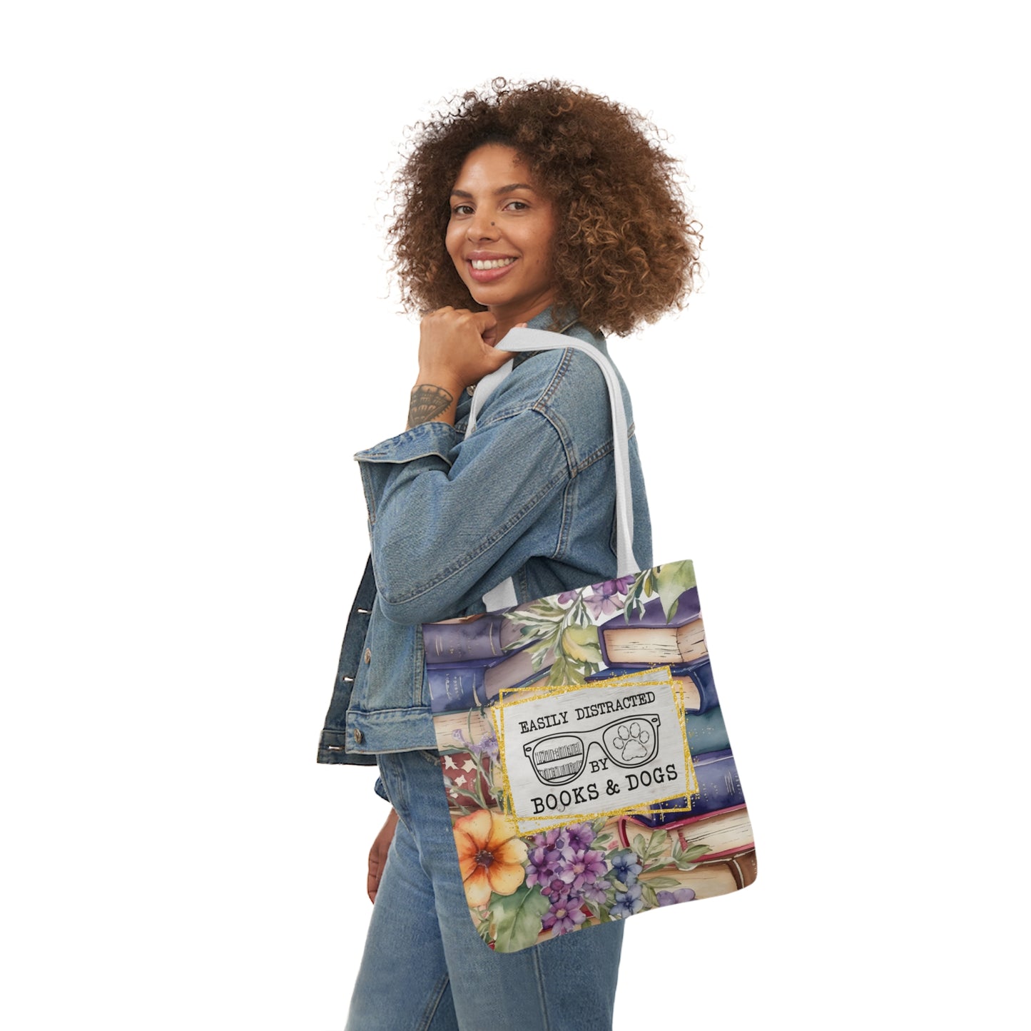 Easily Distracted By Books & Dogs Polyester Canvas Tote Bag