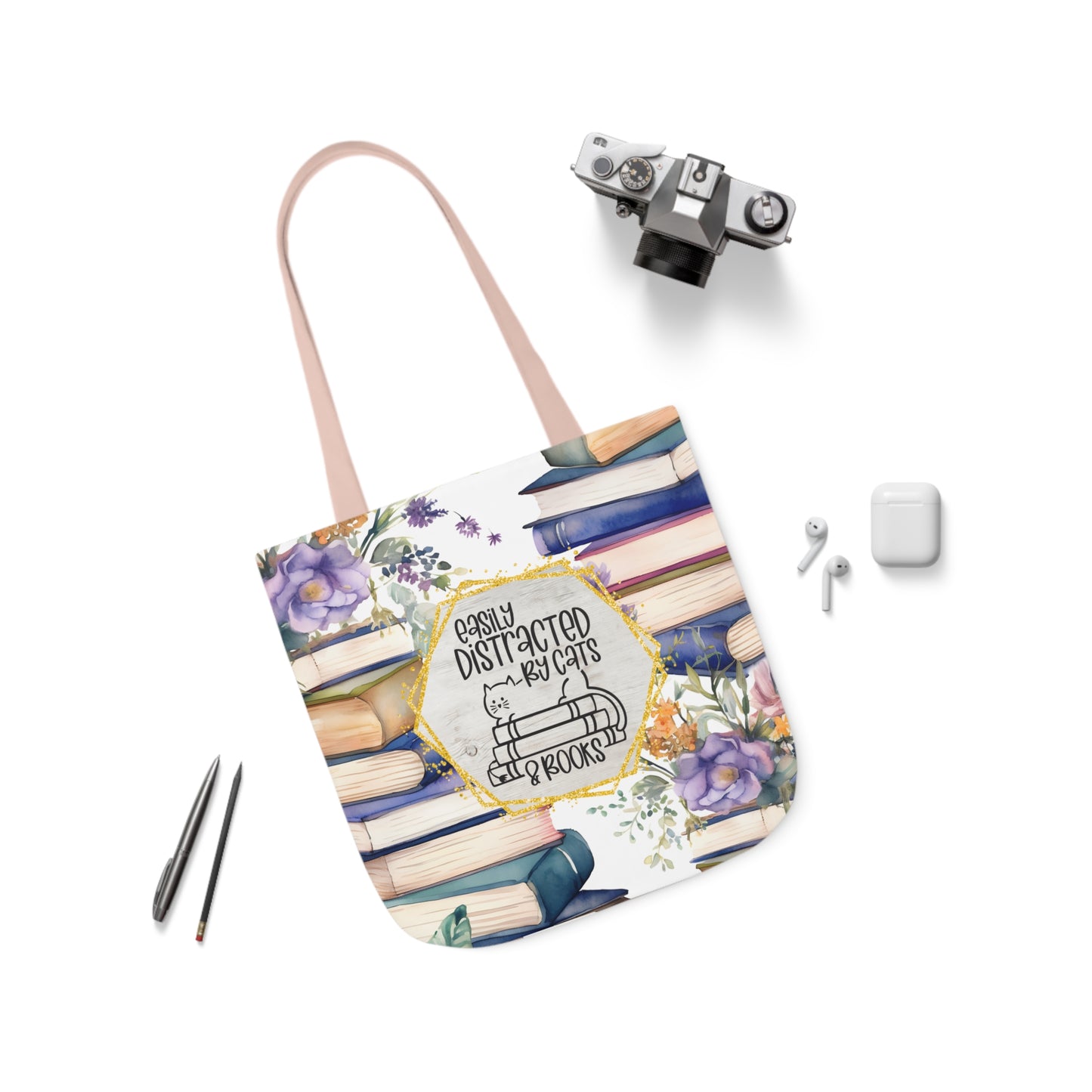 Easily Distracted By Cats & Books Polyester Canvas Tote Bag