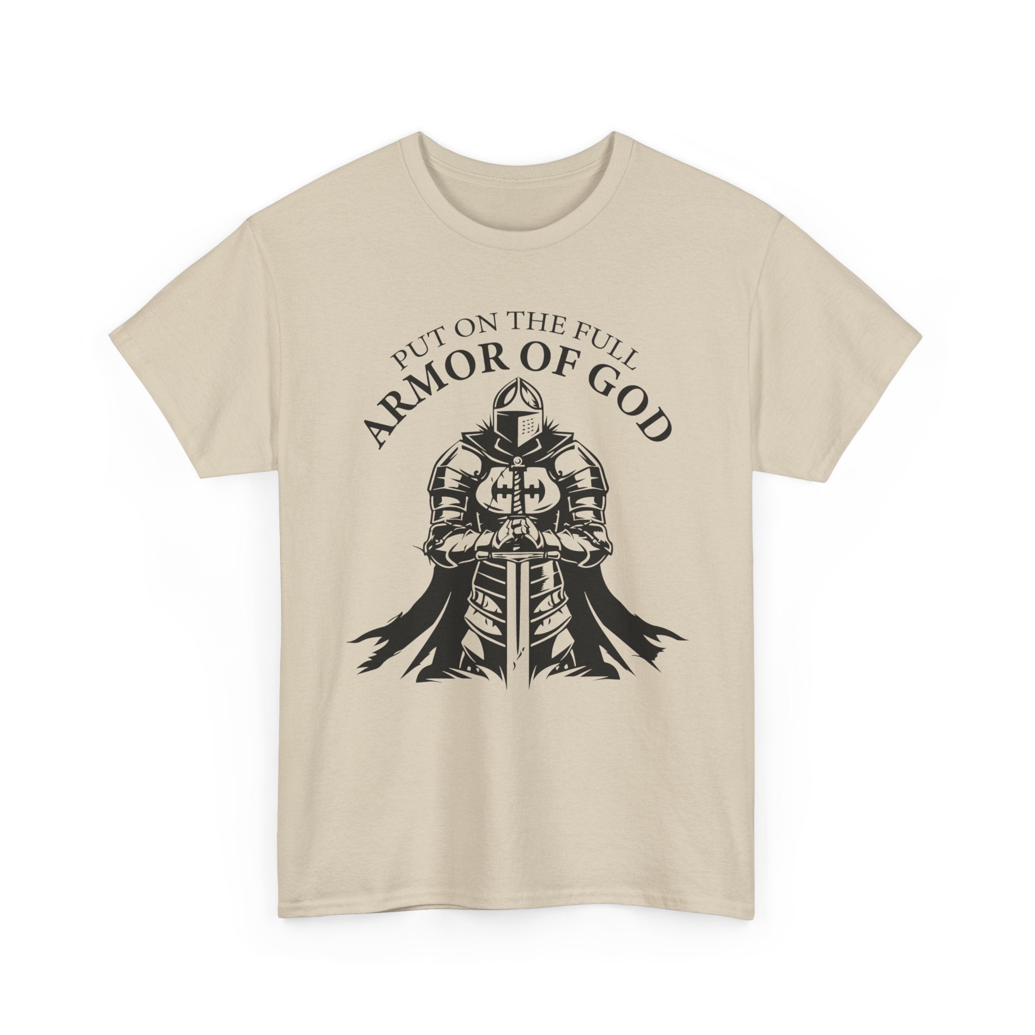 Inspirational Christian Tee 'Put on the Full Armor of God' with Romans 6:23 Faith Heavy Cotton T-Shirt