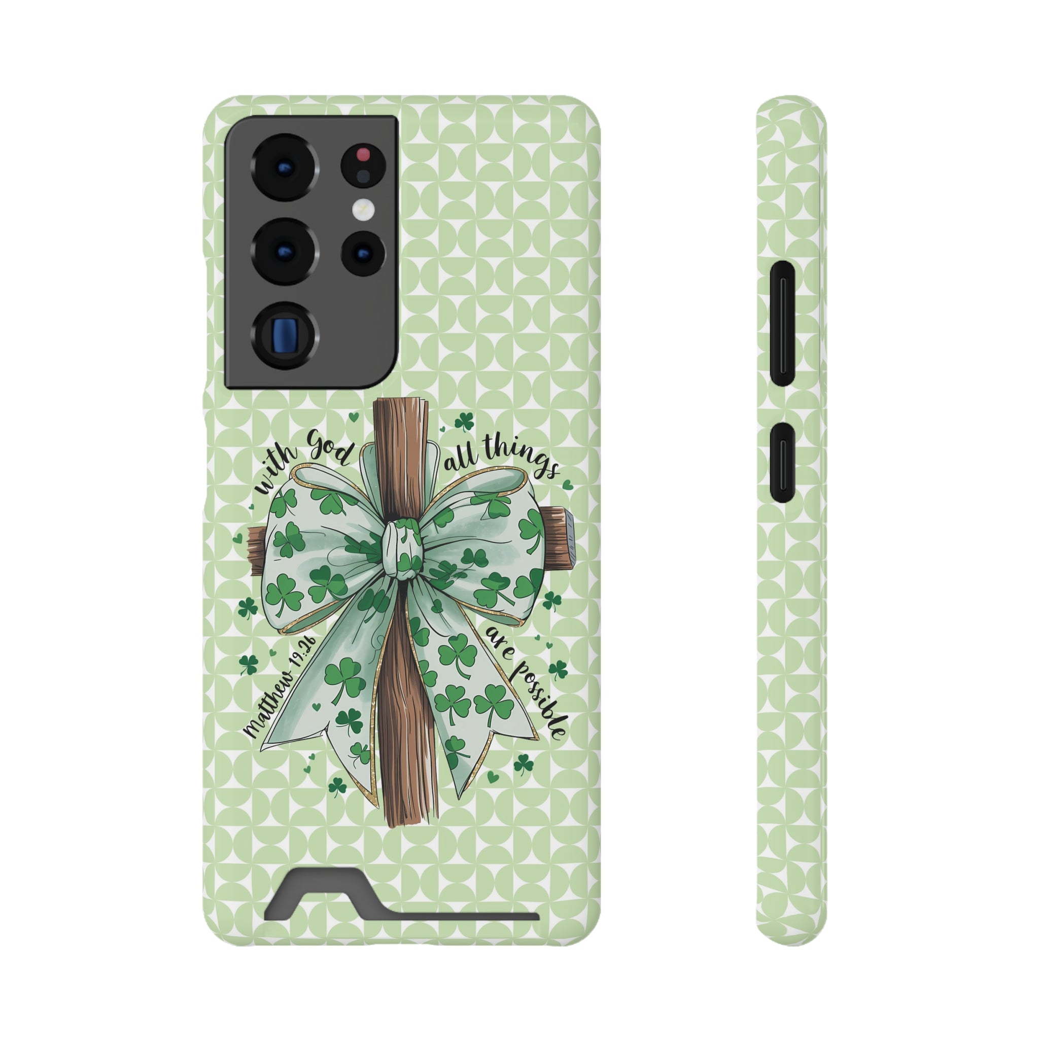 Inspirational Phone Case with Card Holder – "With God, All Things Are Possible"