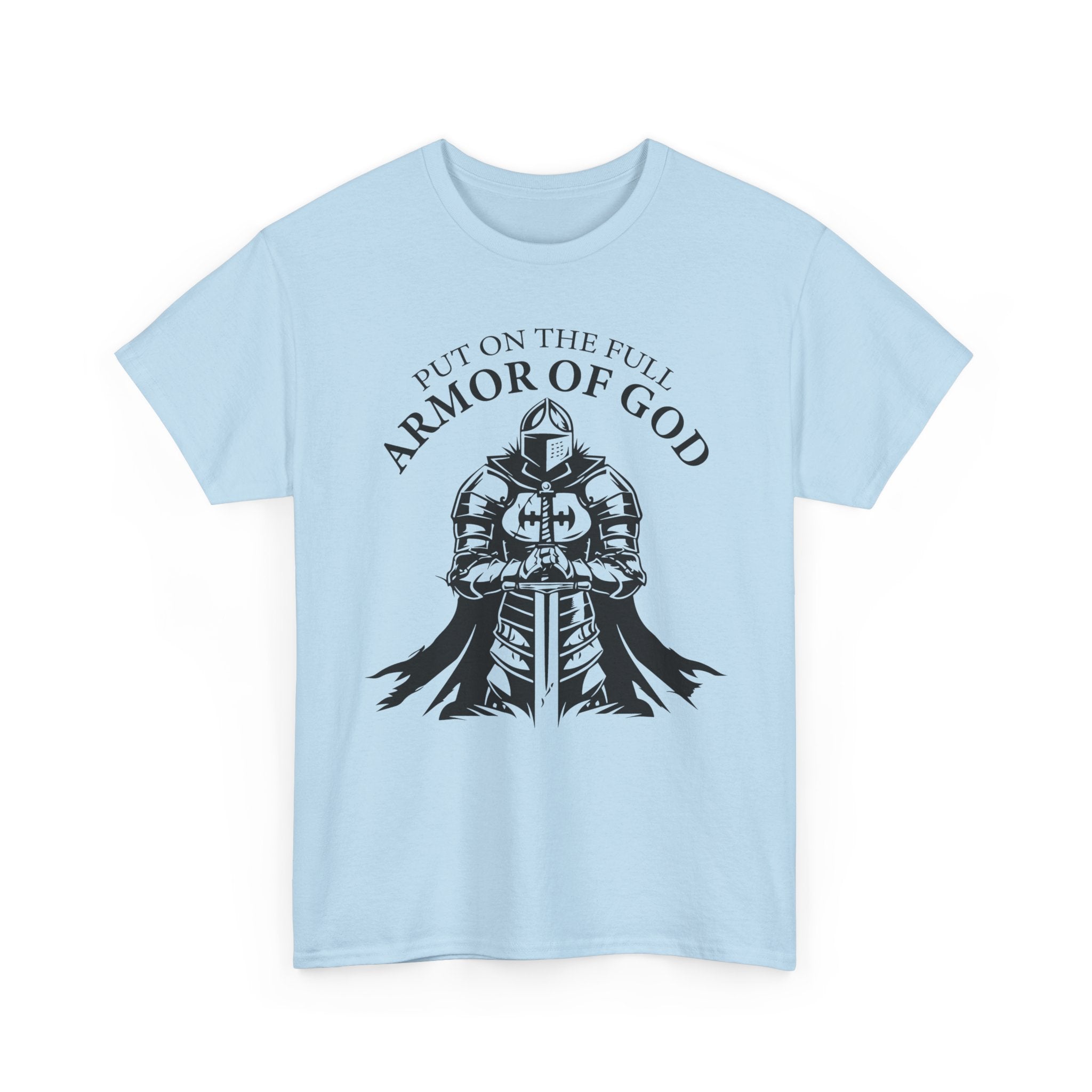 Inspirational Christian Tee 'Put on the Full Armor of God' with Romans 6:23 Faith Heavy Cotton T-Shirt