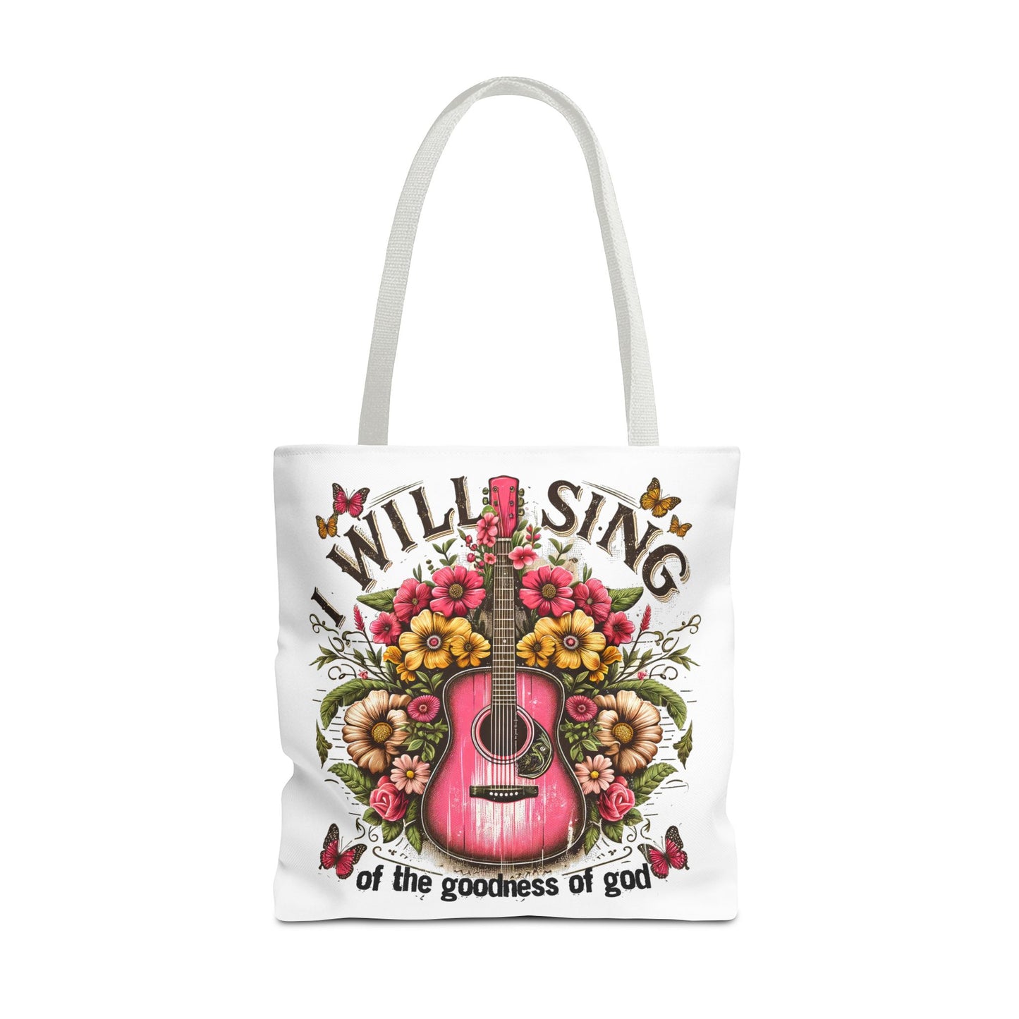 "I Will Sing of the Goodness of God" Floral Guitar Tote Bag Stylish Eco-Friendly Carryall for Music Lovers & Showing Your Faith
