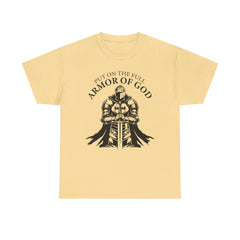 Inspirational Christian Tee 'Put on the Full Armor of God' with Romans 6:23 Faith Heavy Cotton T-Shirt