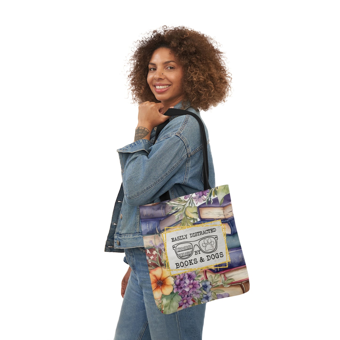 Easily Distracted By Books & Dogs Polyester Canvas Tote Bag