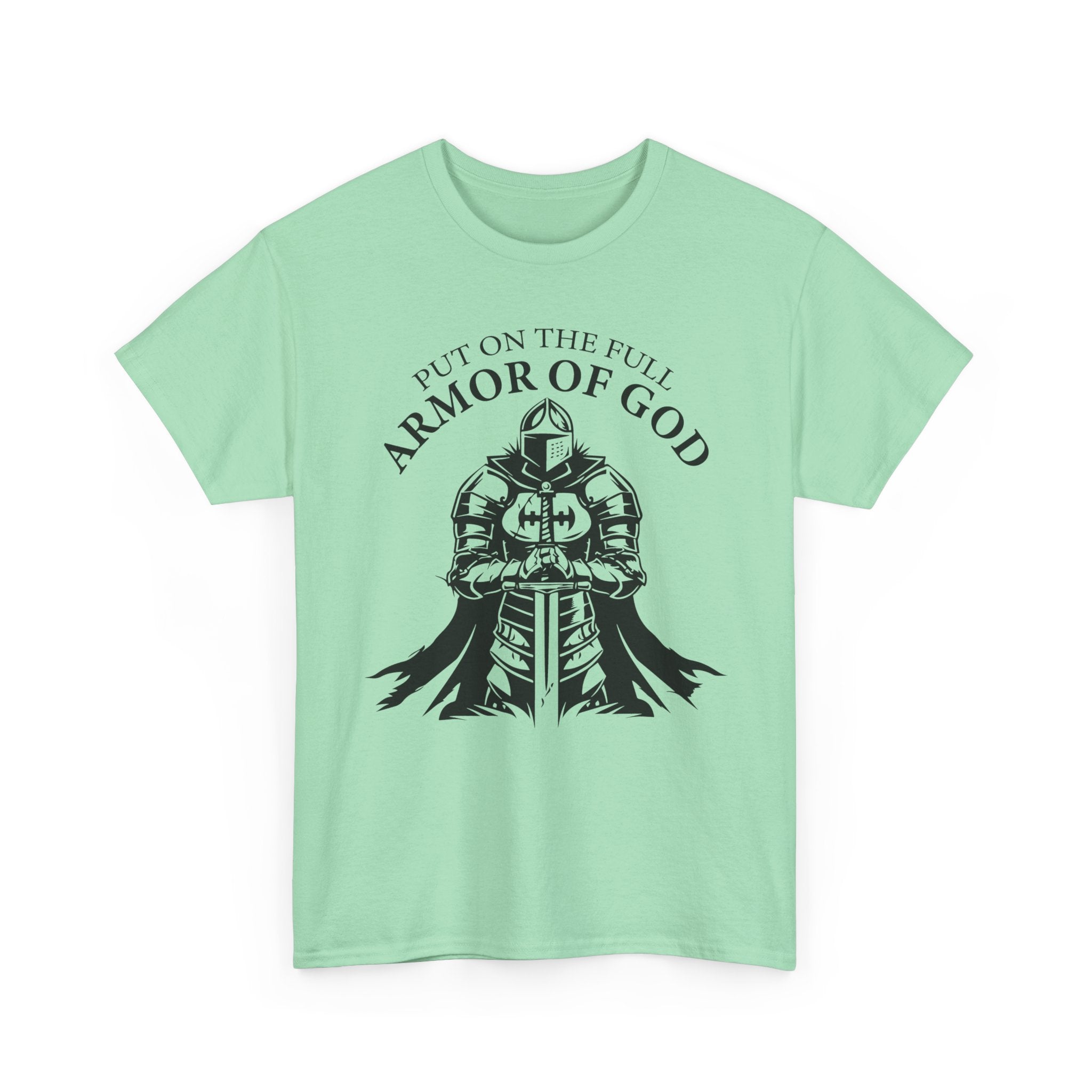 Inspirational Christian Tee 'Put on the Full Armor of God' with Romans 6:23 Faith Heavy Cotton T-Shirt