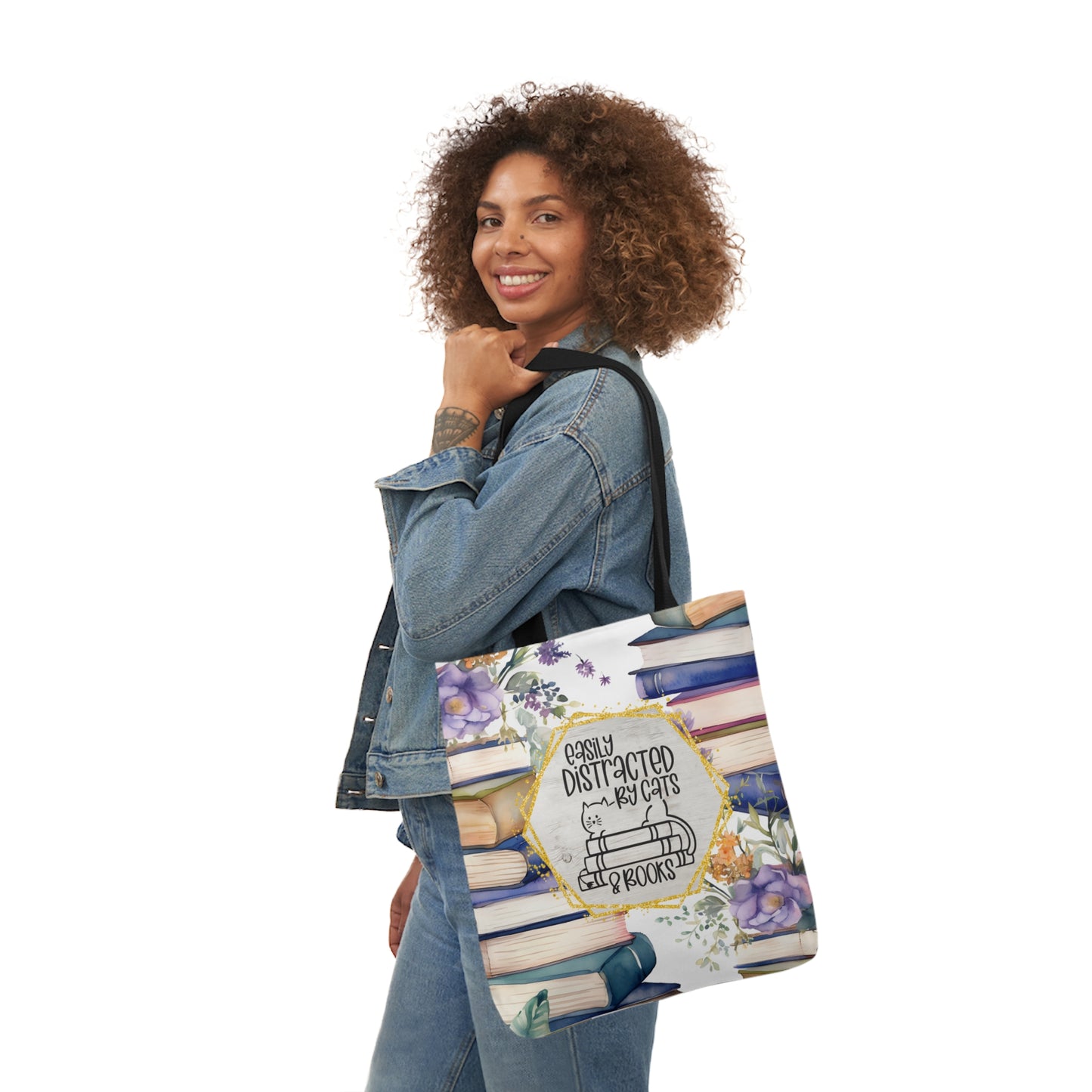 Easily Distracted By Cats & Books Polyester Canvas Tote Bag