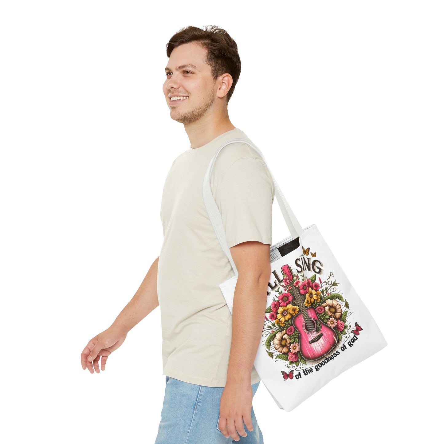 "I Will Sing of the Goodness of God" Floral Guitar Tote Bag Stylish Eco-Friendly Carryall for Music Lovers & Showing Your Faith