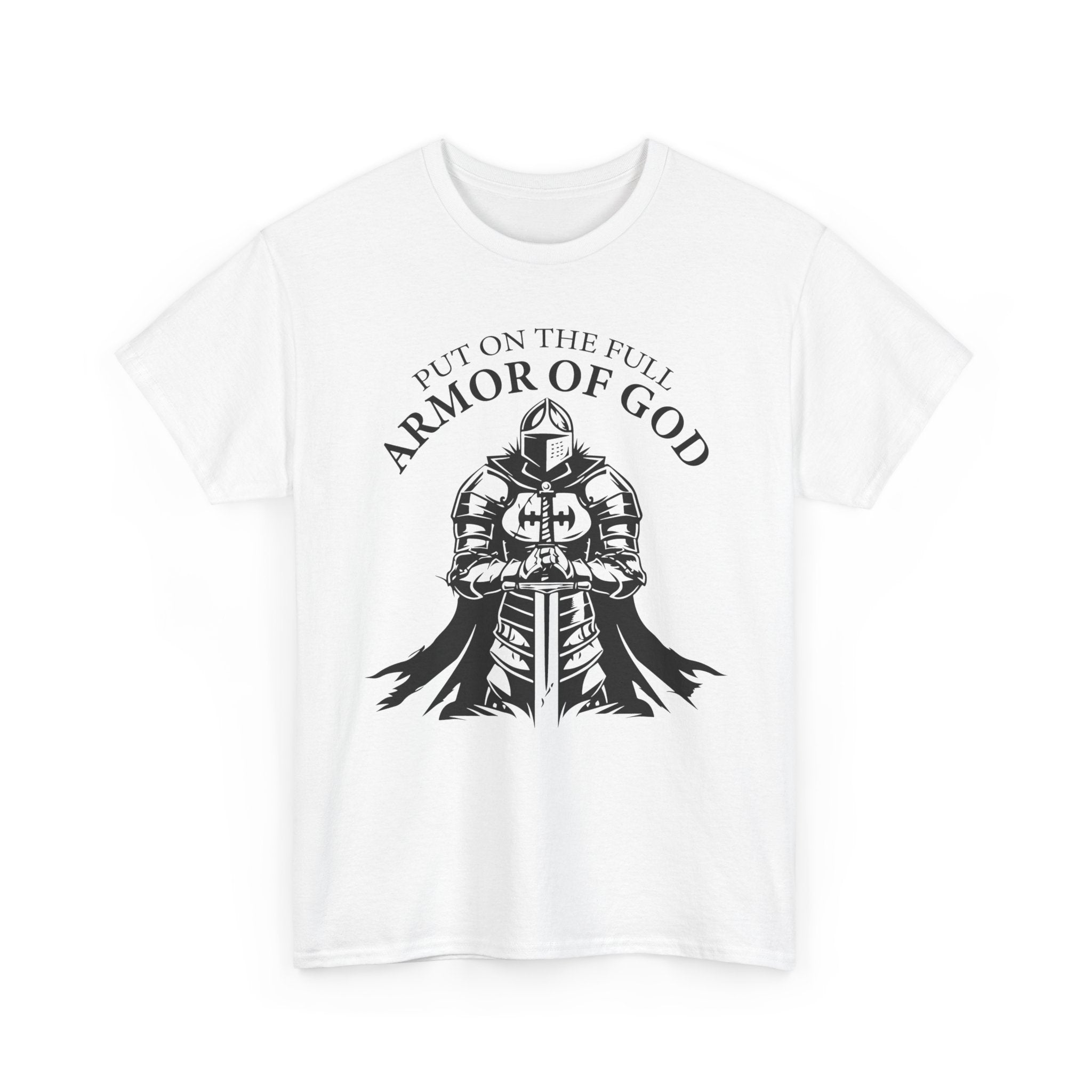 Inspirational Christian Tee 'Put on the Full Armor of God' with Romans 6:23 Faith Heavy Cotton T-Shirt
