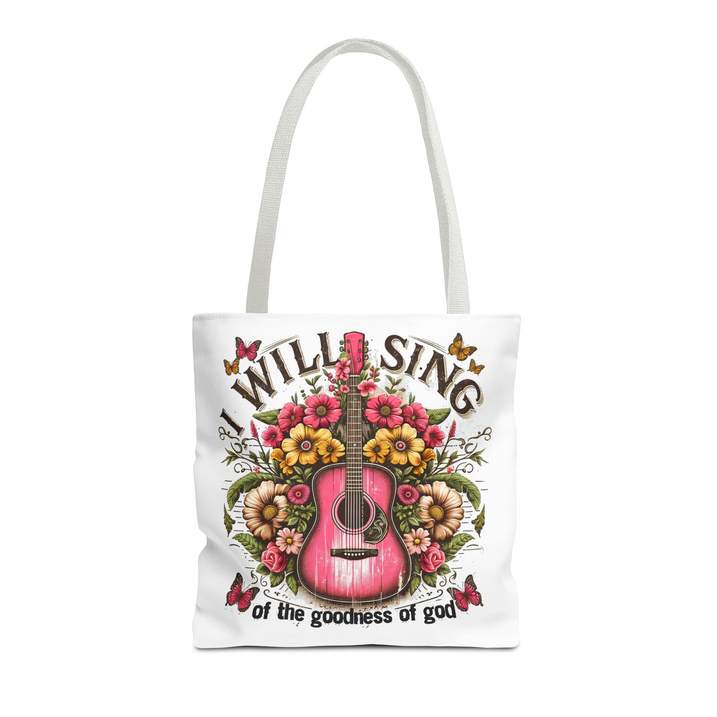 "I Will Sing of the Goodness of God" Floral Guitar Tote Bag Stylish Eco-Friendly Carryall for Music Lovers & Showing Your Faith