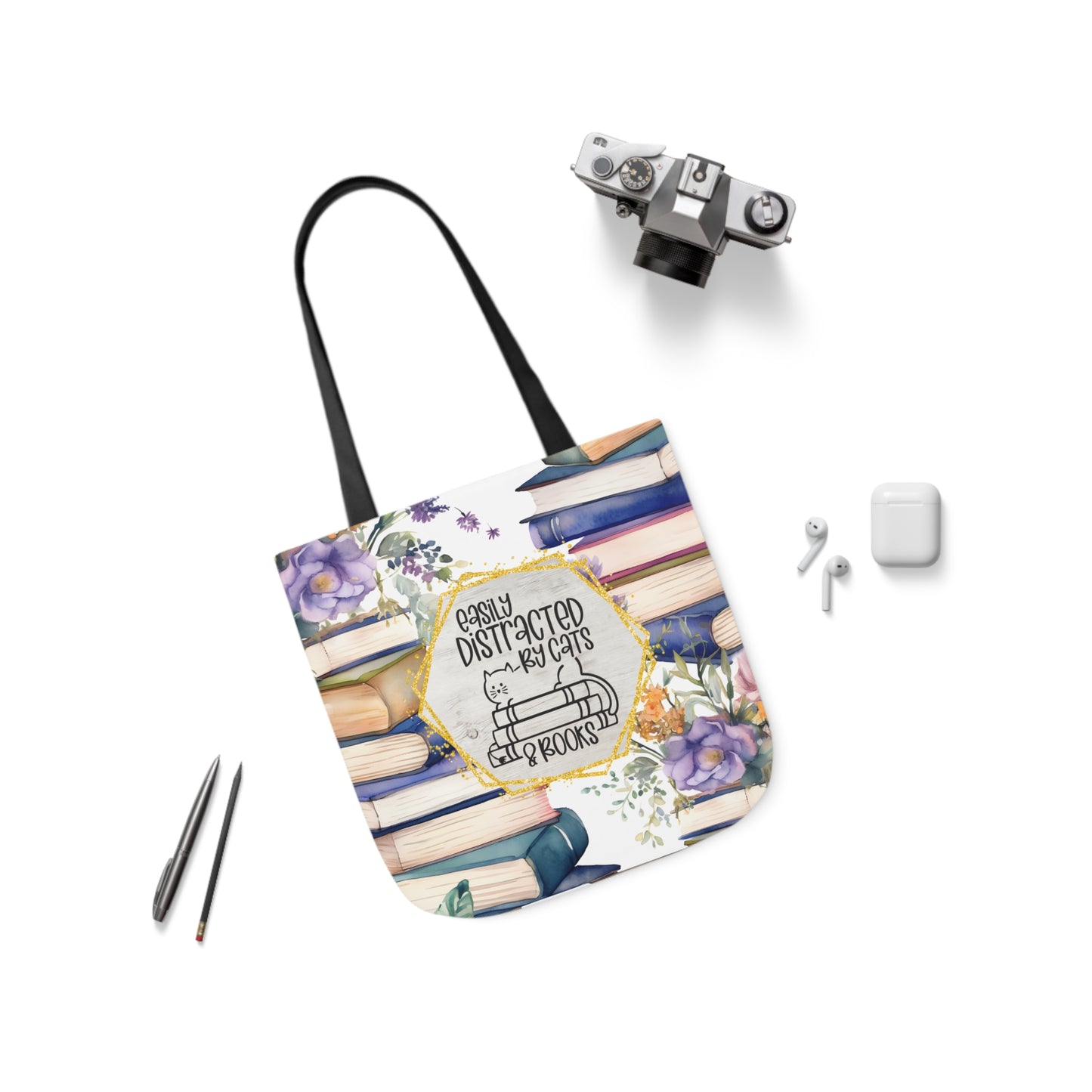 Easily Distracted By Cats & Books Polyester Canvas Tote Bag