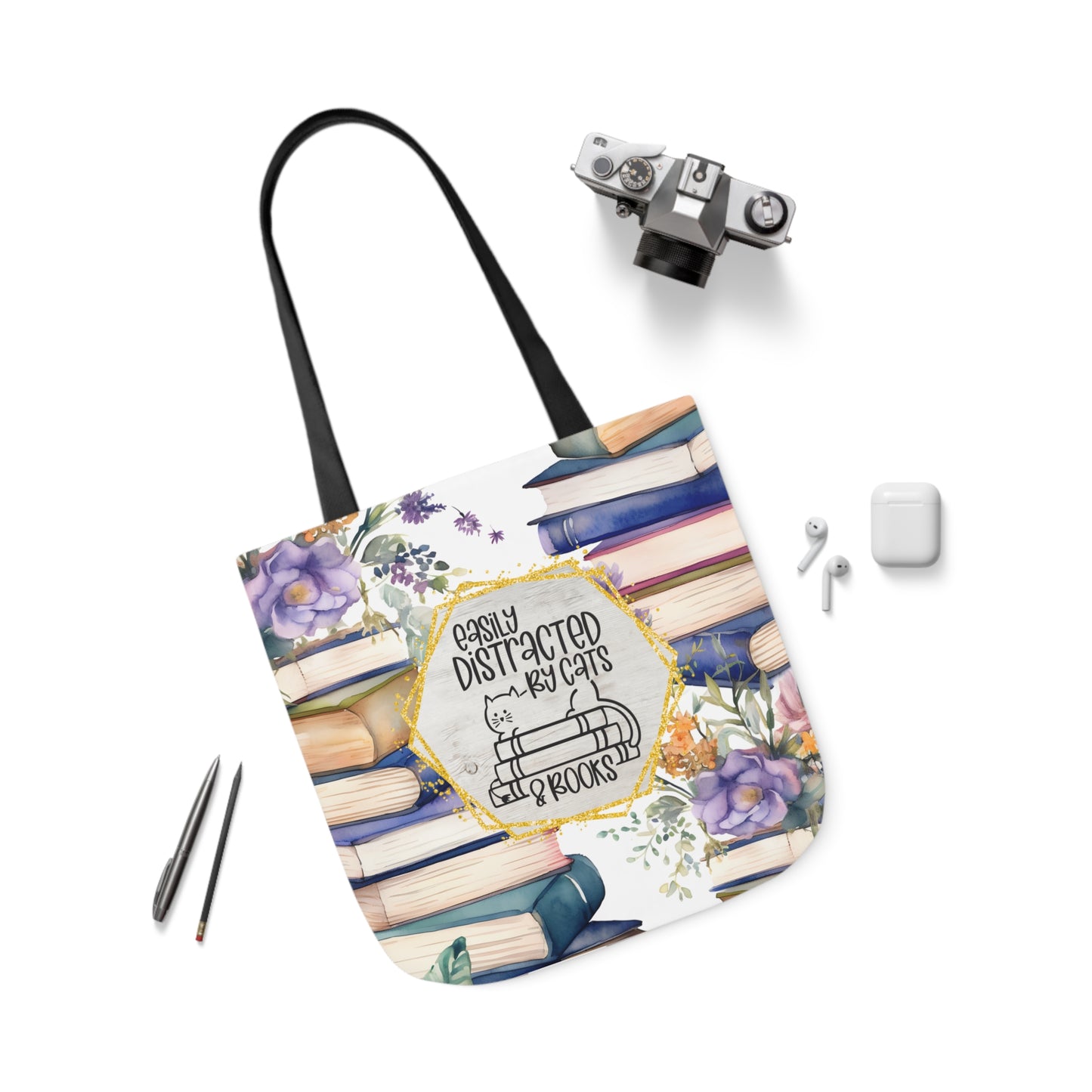 Easily Distracted By Cats & Books Polyester Canvas Tote Bag