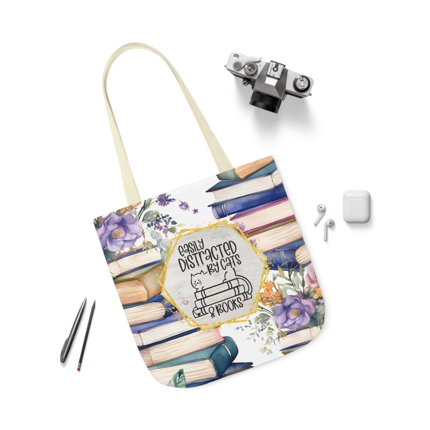 Easily Distracted By Cats & Books Polyester Canvas Tote Bag