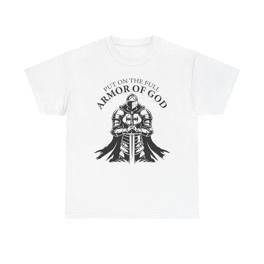 Inspirational Christian Tee 'Put on the Full Armor of God' with Romans 6:23 Faith Heavy Cotton T-Shirt
