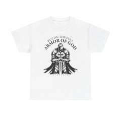 Inspirational Christian Tee 'Put on the Full Armor of God' with Romans 6:23 Faith Heavy Cotton T-Shirt