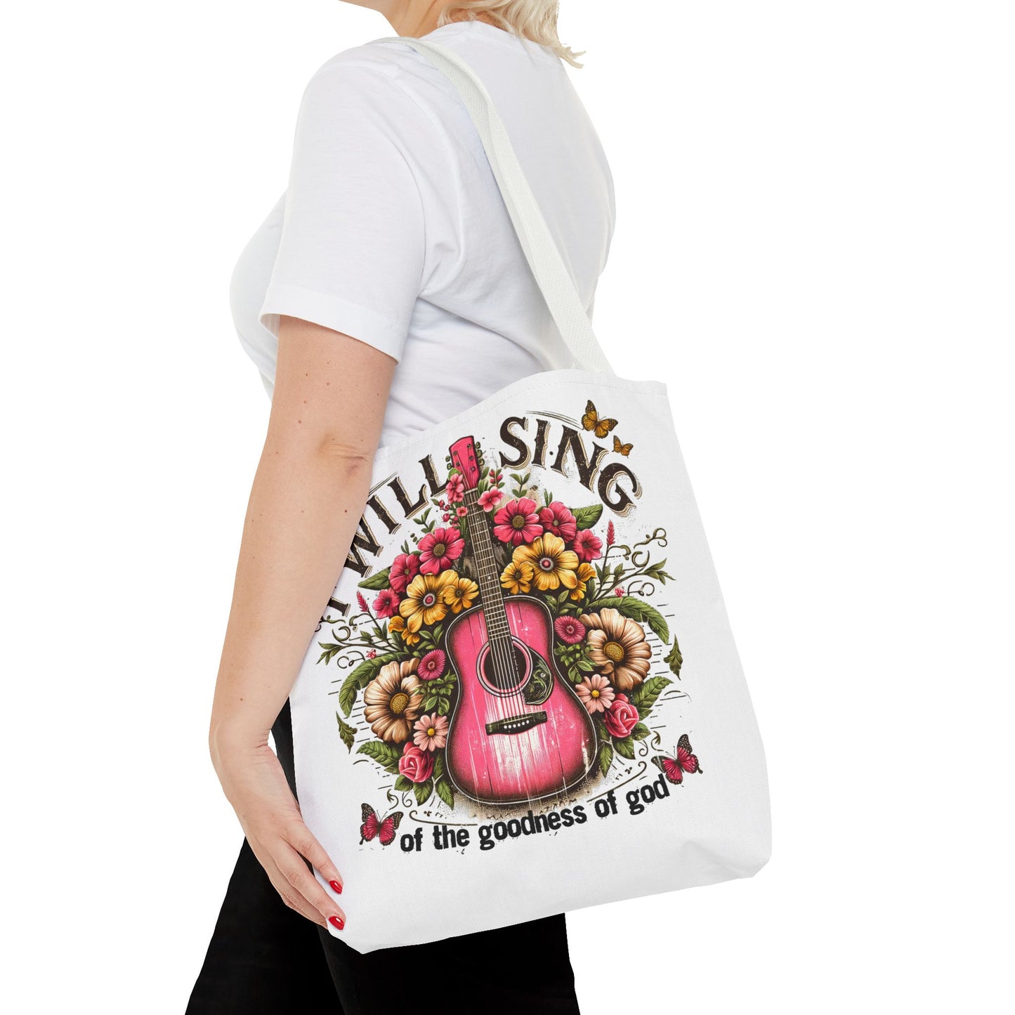 "I Will Sing of the Goodness of God" Floral Guitar Tote Bag Stylish Eco-Friendly Carryall for Music Lovers & Showing Your Faith