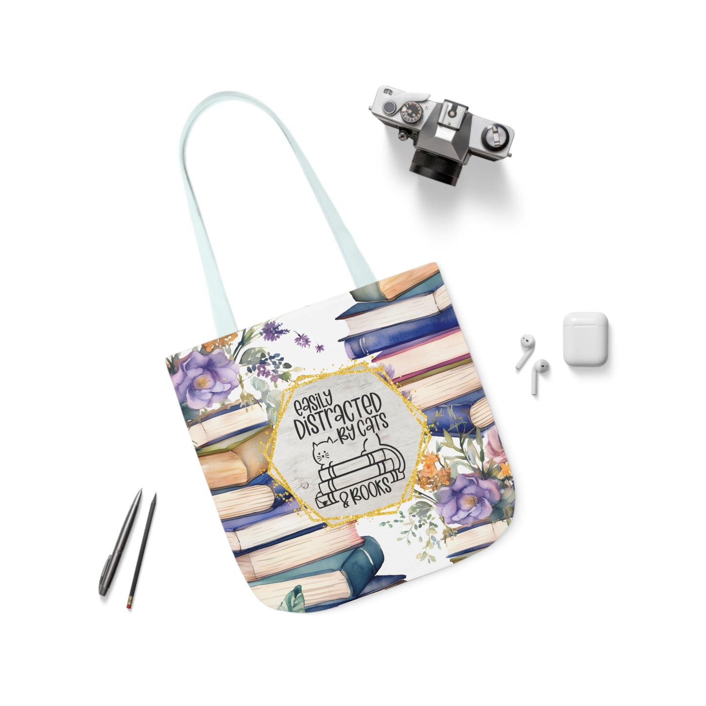 Easily Distracted By Cats & Books Polyester Canvas Tote Bag