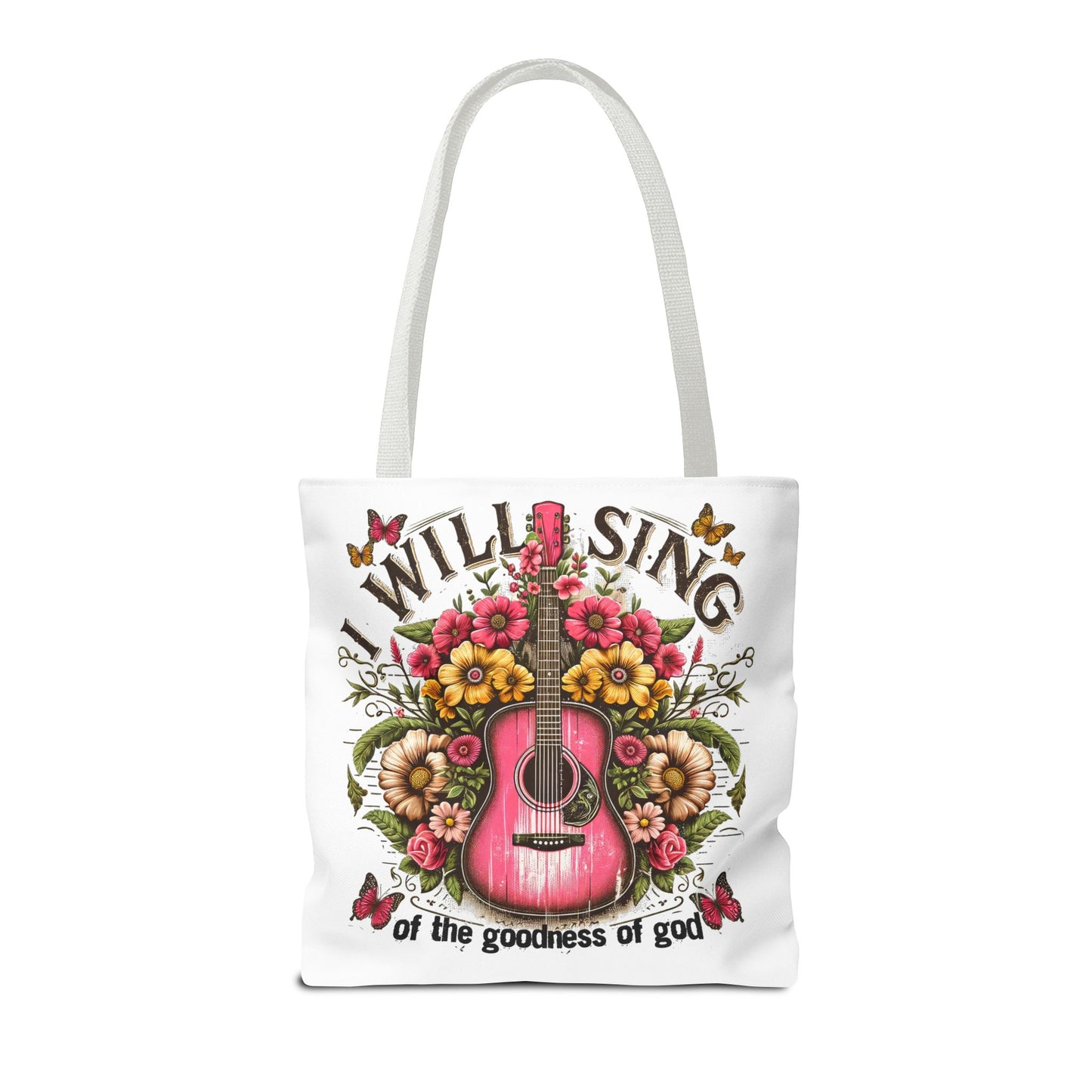 "I Will Sing of the Goodness of God" Floral Guitar Tote Bag Stylish Eco-Friendly Carryall for Music Lovers & Showing Your Faith