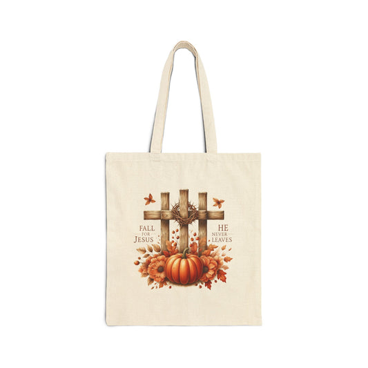 Fall For Jesus He Never Leaves Cotton Canvas Tote Bag