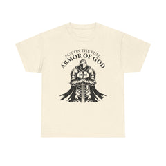 Inspirational Christian Tee 'Put on the Full Armor of God' with Romans 6:23 Faith Heavy Cotton T-Shirt