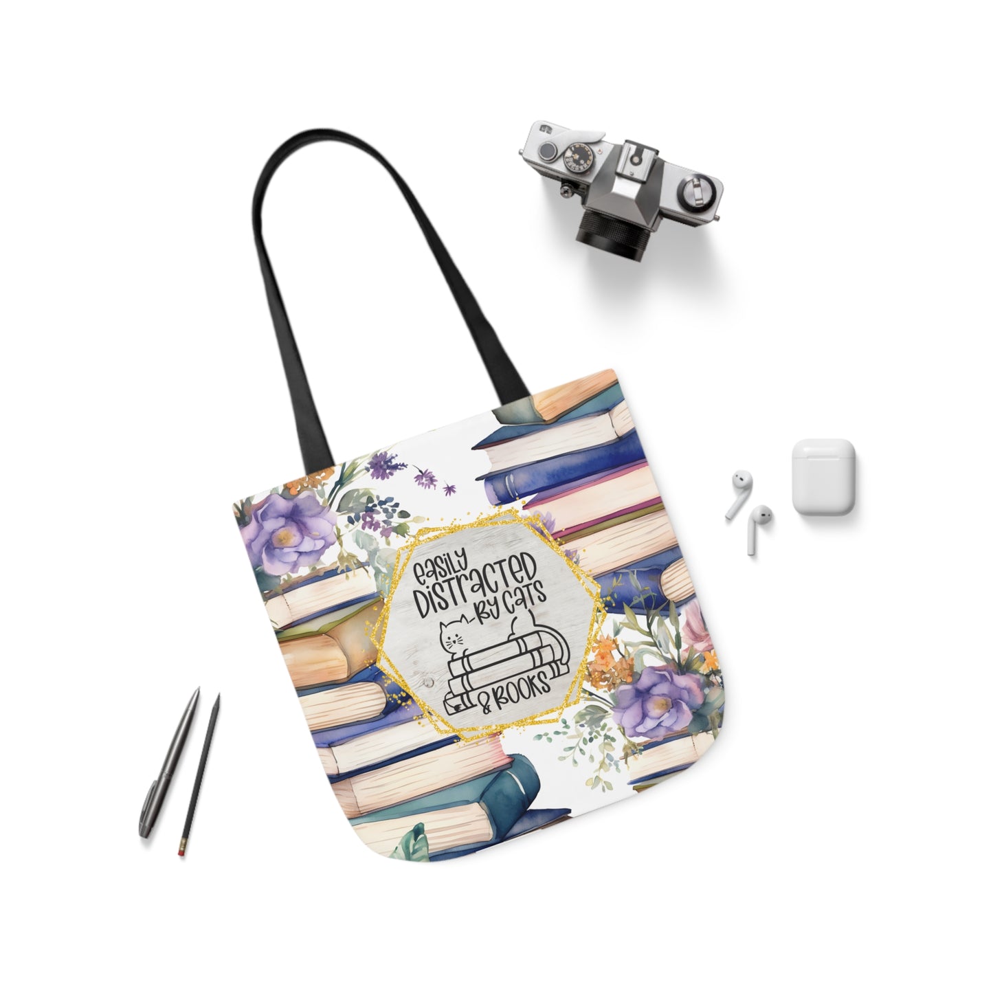 Easily Distracted By Cats & Books Polyester Canvas Tote Bag