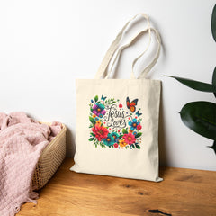 Floral Jesus Loves Tote Bag | Eco-Friendly Cotton Tote | Gift for Believers | Church Bag | Spring Floral Design