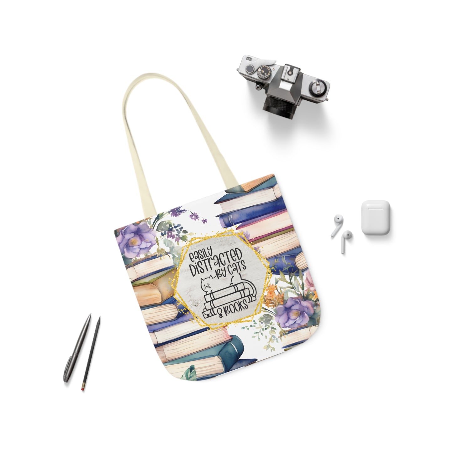 Easily Distracted By Cats & Books Polyester Canvas Tote Bag