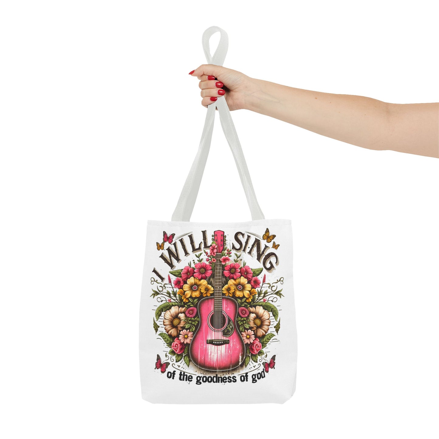 "I Will Sing of the Goodness of God" Floral Guitar Tote Bag Stylish Eco-Friendly Carryall for Music Lovers & Showing Your Faith