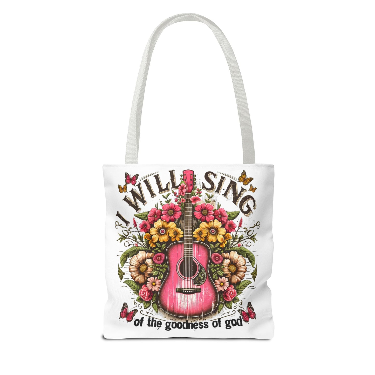 "I Will Sing of the Goodness of God" Floral Guitar Tote Bag Stylish Eco-Friendly Carryall for Music Lovers & Showing Your Faith