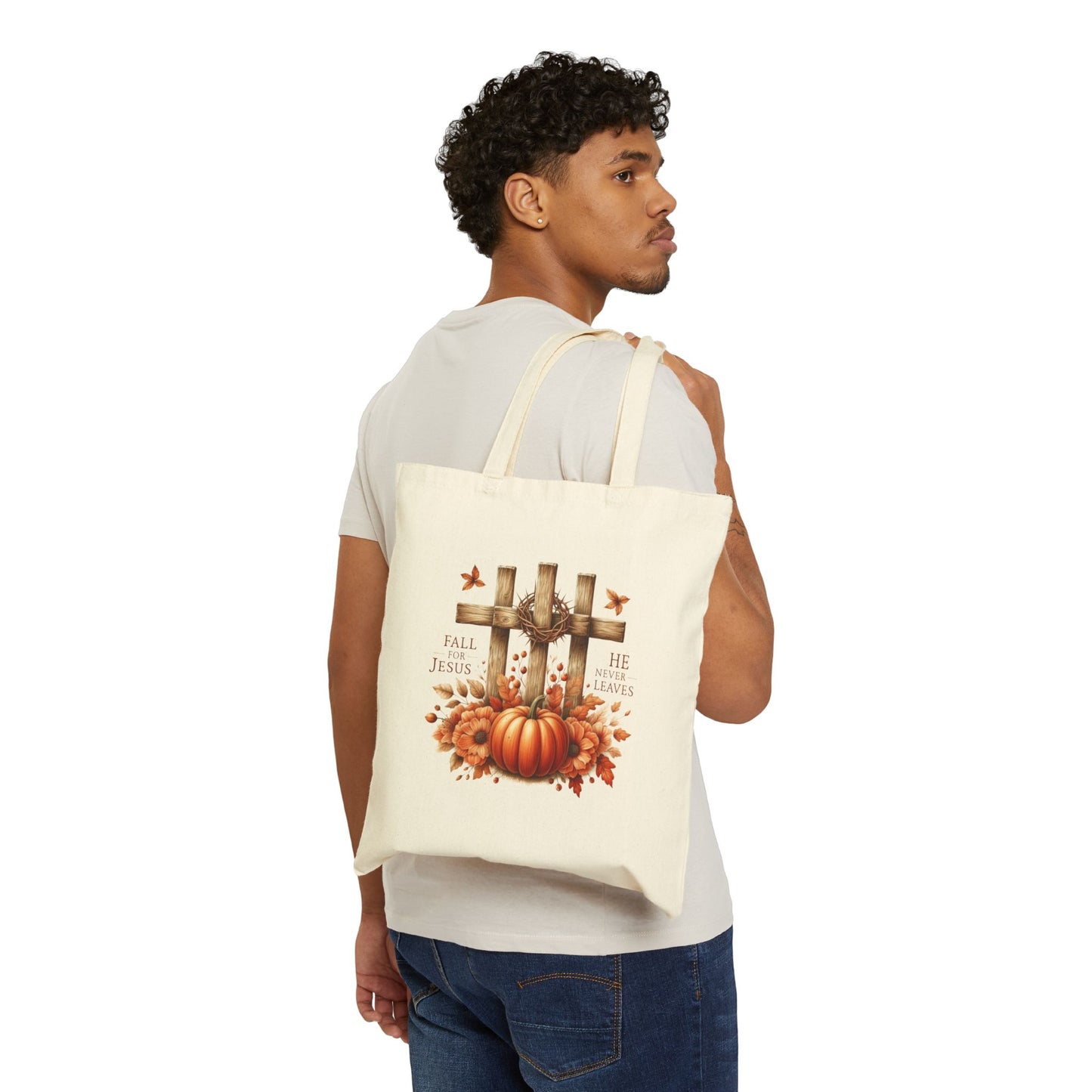 Fall For Jesus He Never Leaves Cotton Canvas Tote Bag