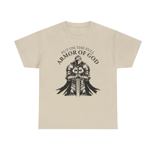 Inspirational Christian Tee 'Put on the Full Armor of God' with Romans 6:23 Faith Heavy Cotton T-Shirt