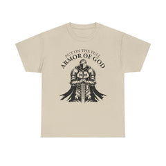 Inspirational Christian Tee 'Put on the Full Armor of God' with Romans 6:23 Faith Heavy Cotton T-Shirt