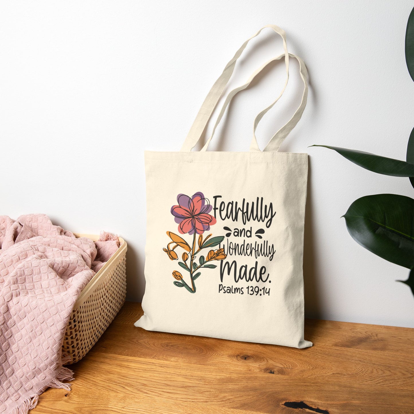 Fearfully and Wonderfully Made Cotton Canvas Tote Bag, Inspirational Tote, Gift for Her, Bible Verse Bag, Floral Tote for Everyday