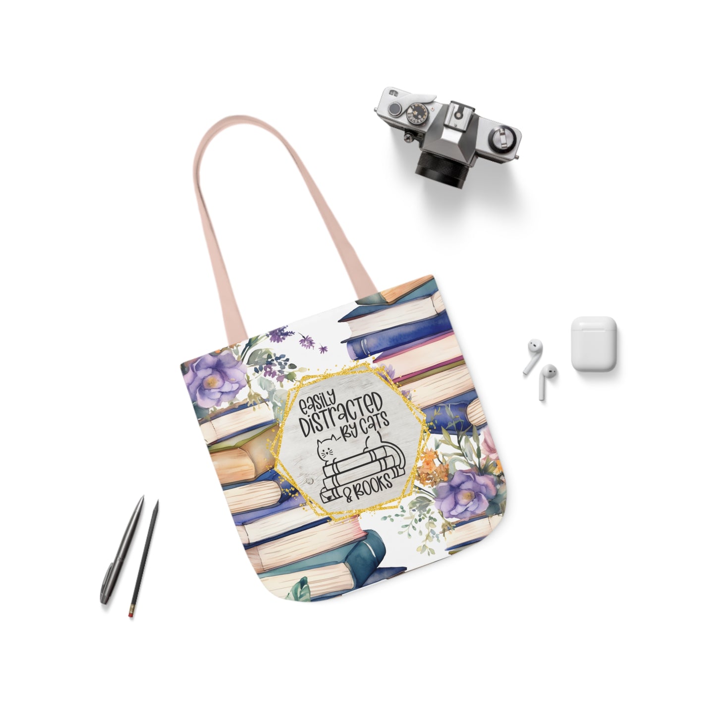 Easily Distracted By Cats & Books Polyester Canvas Tote Bag