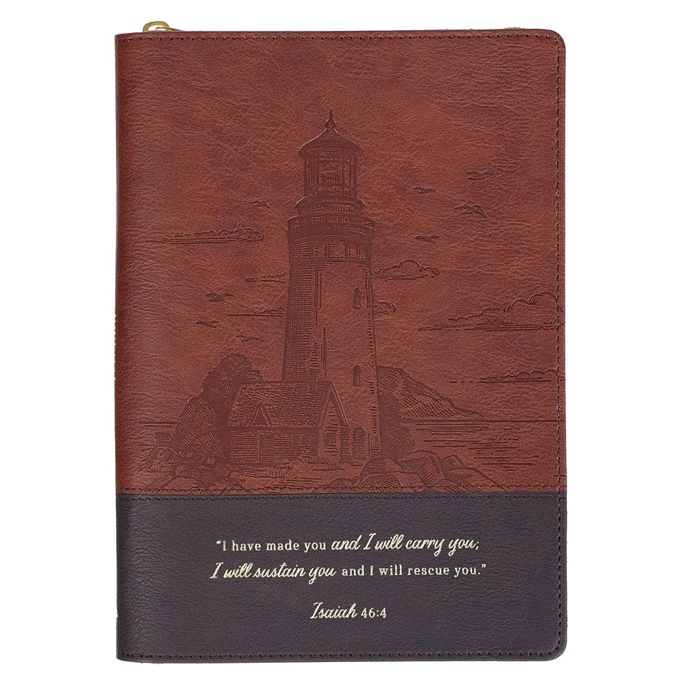 Christian Art Gifts Inspirational Zippered Journal, I Will Carry You Wide Ruled Notebook, Isa. 46:4 Bible Verse, Brown Vegan Leather Lighthouse, 336 Lined Pages w/scripture, (9” x 6.4” x .9”) cover image