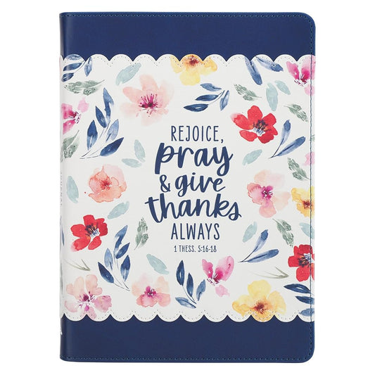 Christian Art Gifts Inspirational Journal, Rejoice Always Wide Ruled Notebook, 1 Thess. 5:16-18 Bible Verse, Navy Blue Vegan Leather Floral, 336 Lined Pages w/scripture, (8.6” x 6.1” x .9”) cover image